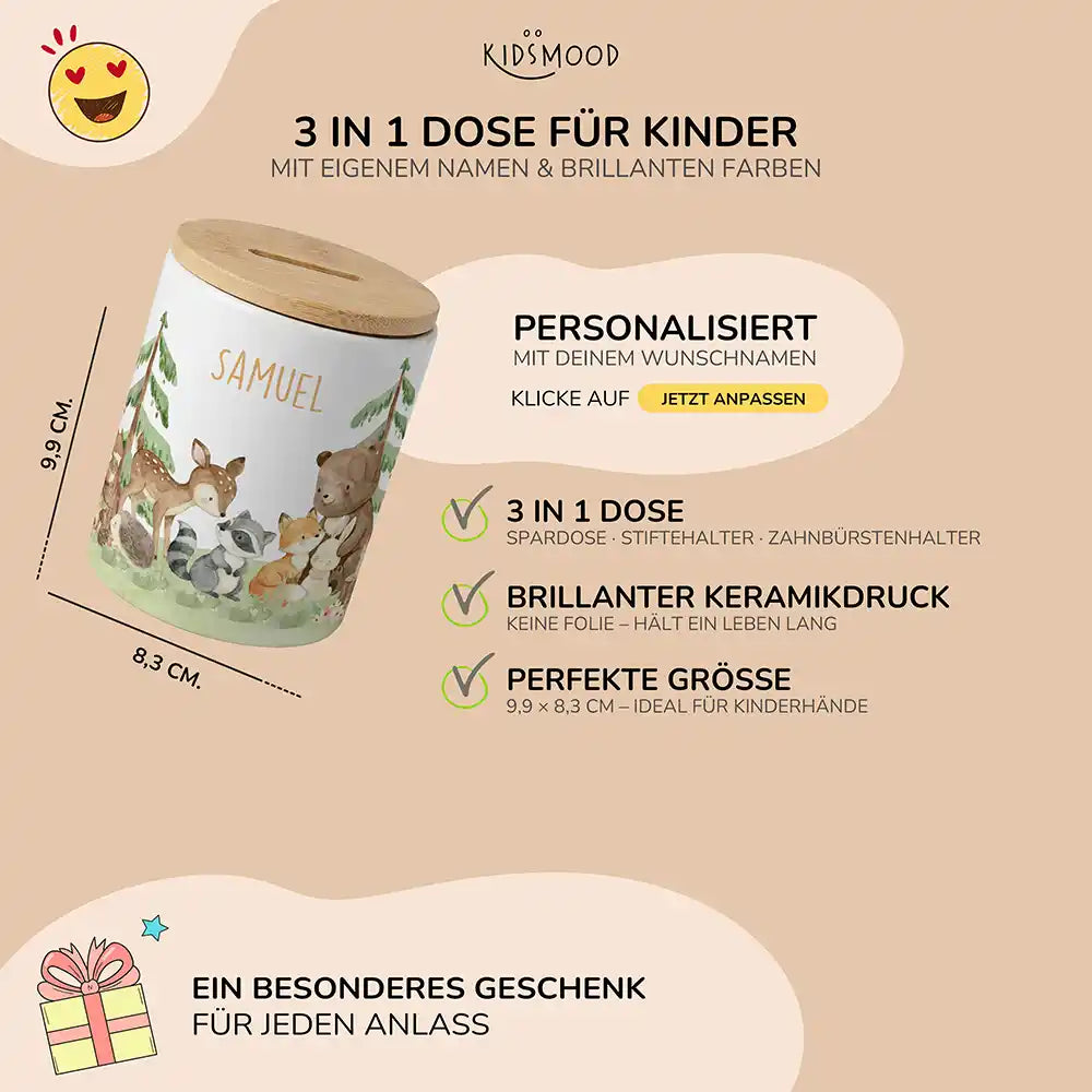 Personalisierte Spardose Waldfreunde III – Keramik & Bambus mit Wunschname