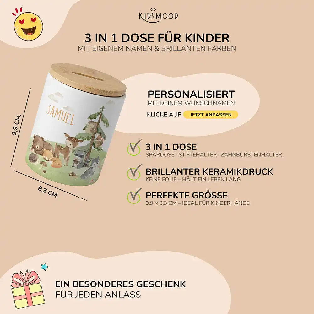 Personalisierte Spardose Waldszene V – Keramik & Bambus mit Wunschname