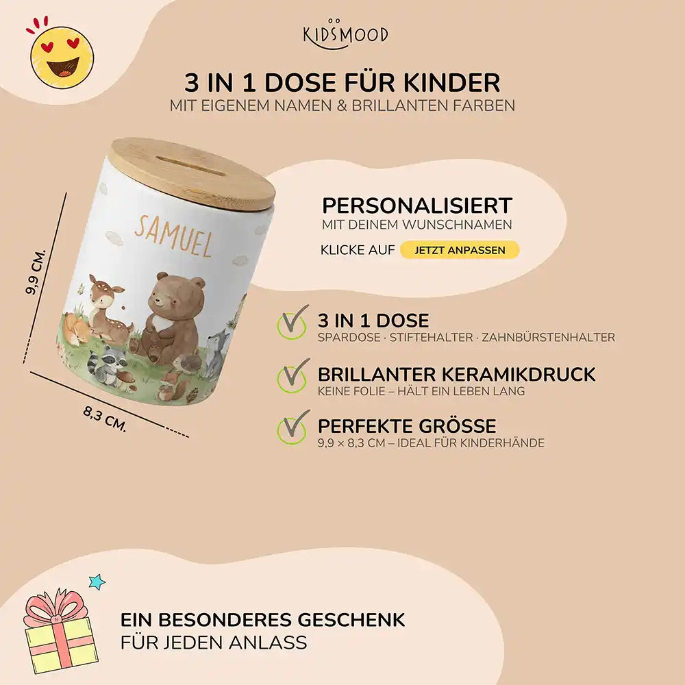 Personalisierte Spardose Waldfreunde VI – Keramik & Bambus mit Wunschname