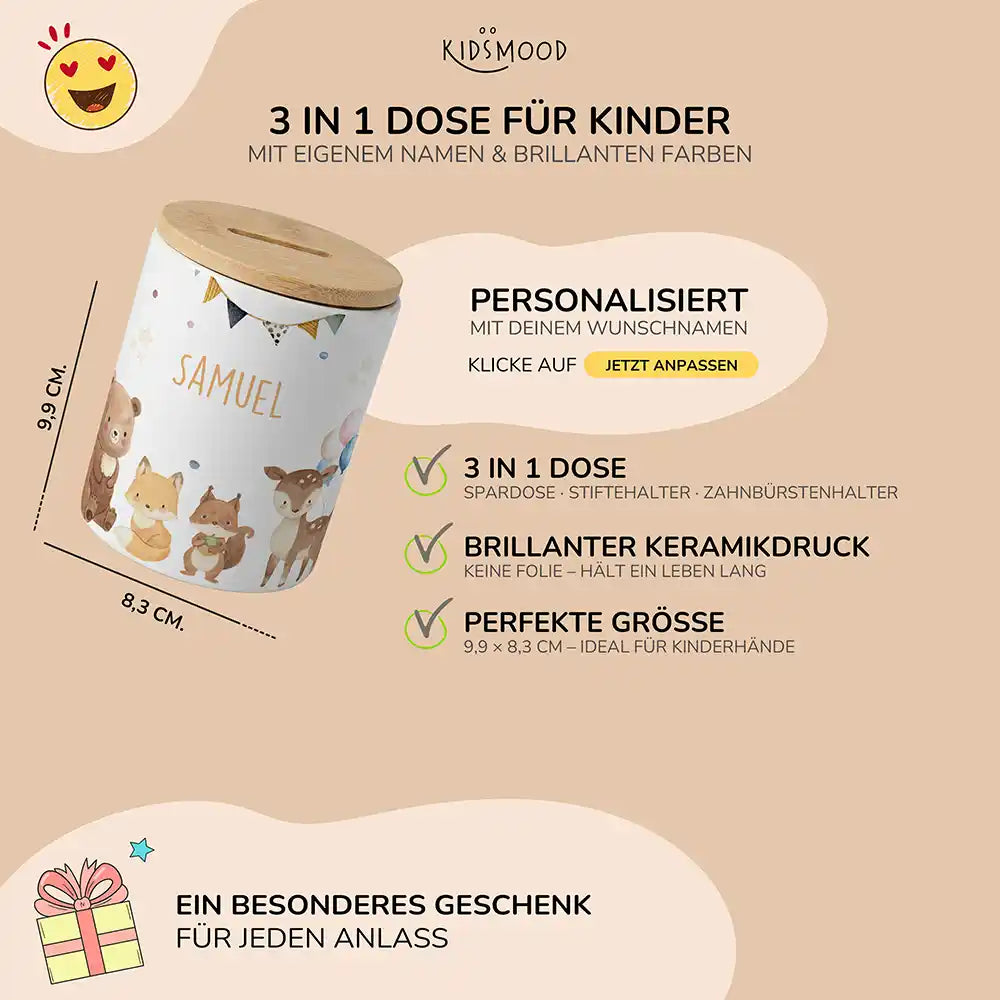 Personalisierte Spardose Waldtiere Party – Keramik & Bambus mit Wunschname
