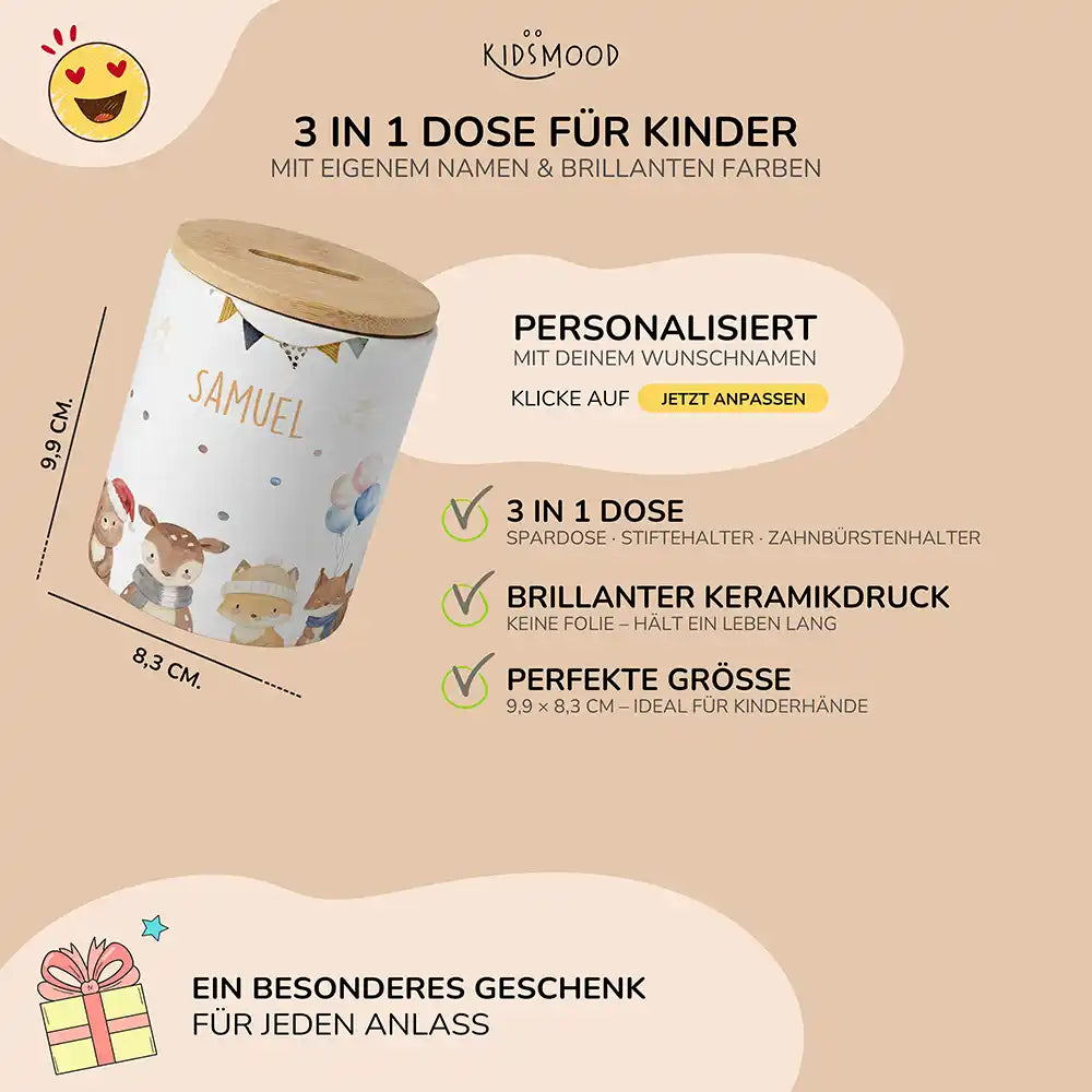 Personalisierte Spardose Waldtiere Geburtstag – Keramik & Bambus mit Wunschname