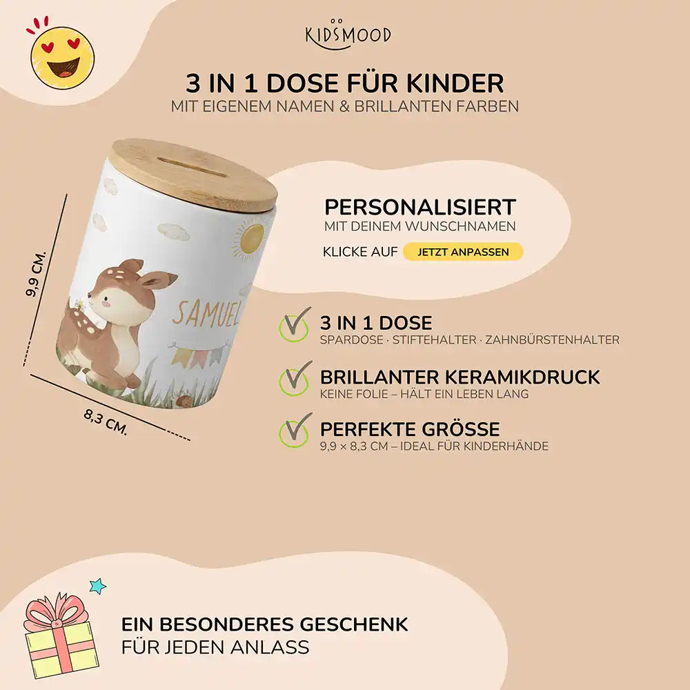 Personalisierte Spardose Rehkitz Sonne – Keramik & Bambus mit Wunschname