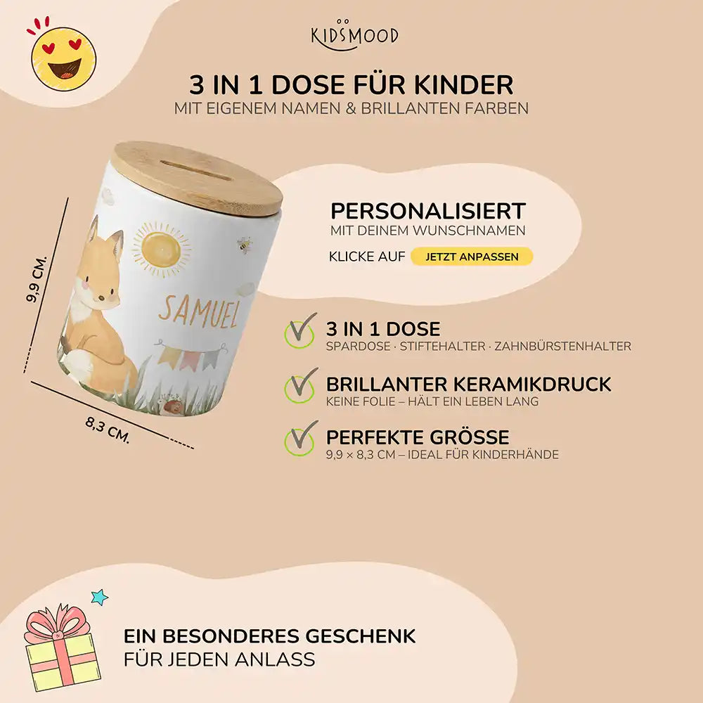 Personalisierte Spardose Fuchs Sommer – Keramik & Bambus mit Wunschname