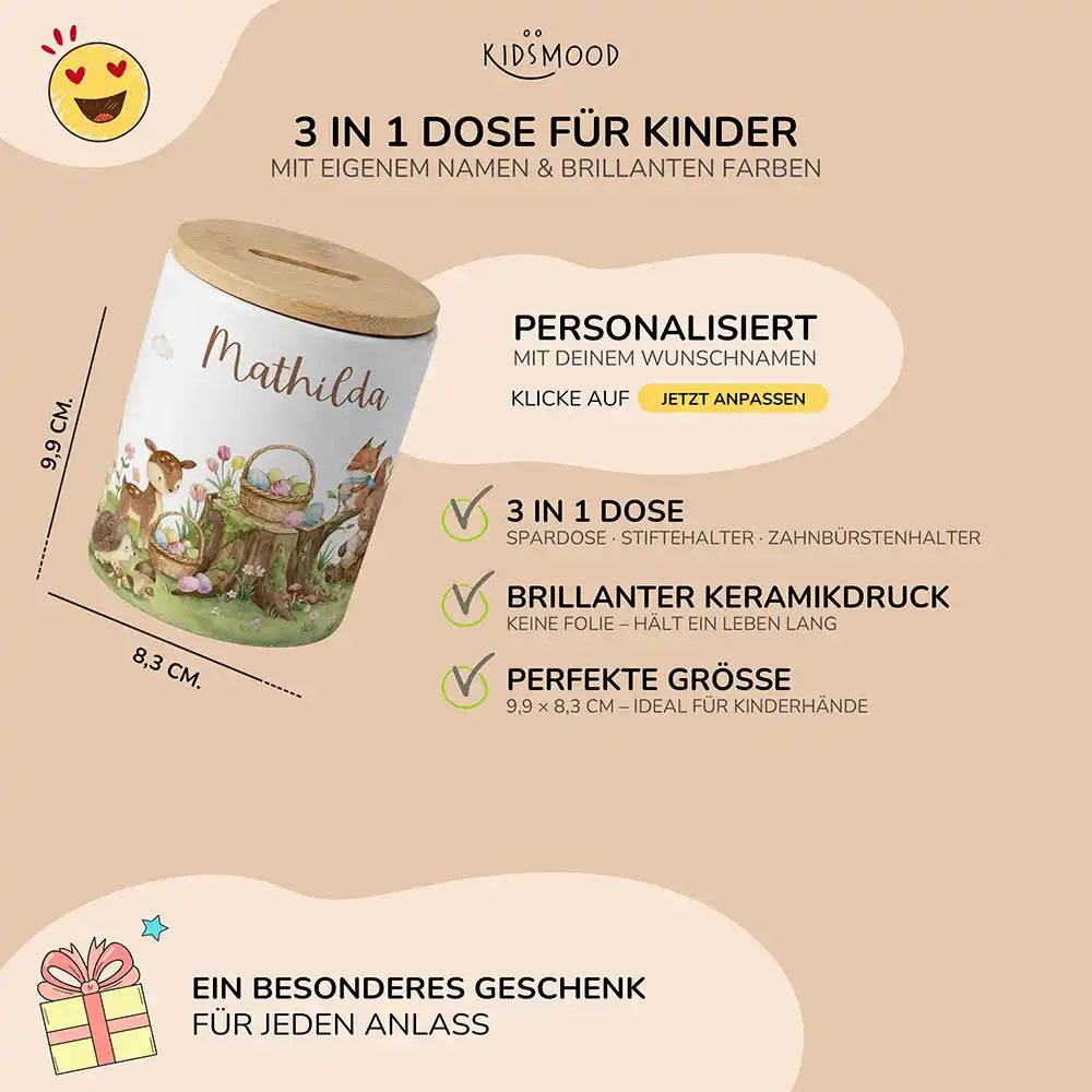 Personalisierte Spardose Ostern Rehkitz – Keramik & Bambus mit Wunschname