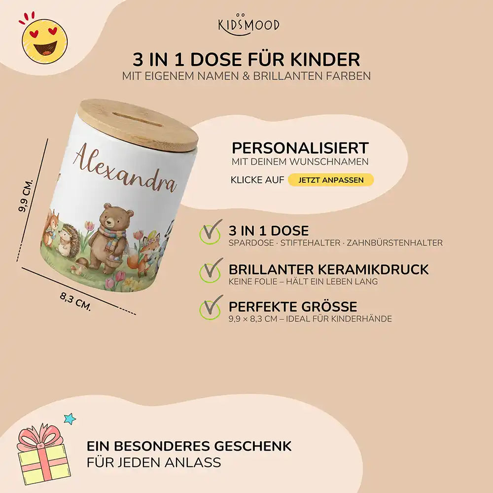 Personalisierte Spardose Herbst-Waldtiere – Keramik & Bambus mit Wunschname