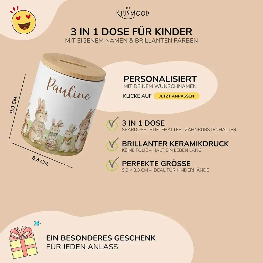 Personalisierte Spardose Boho-Hasen – Keramik & Bambus mit Wunschname