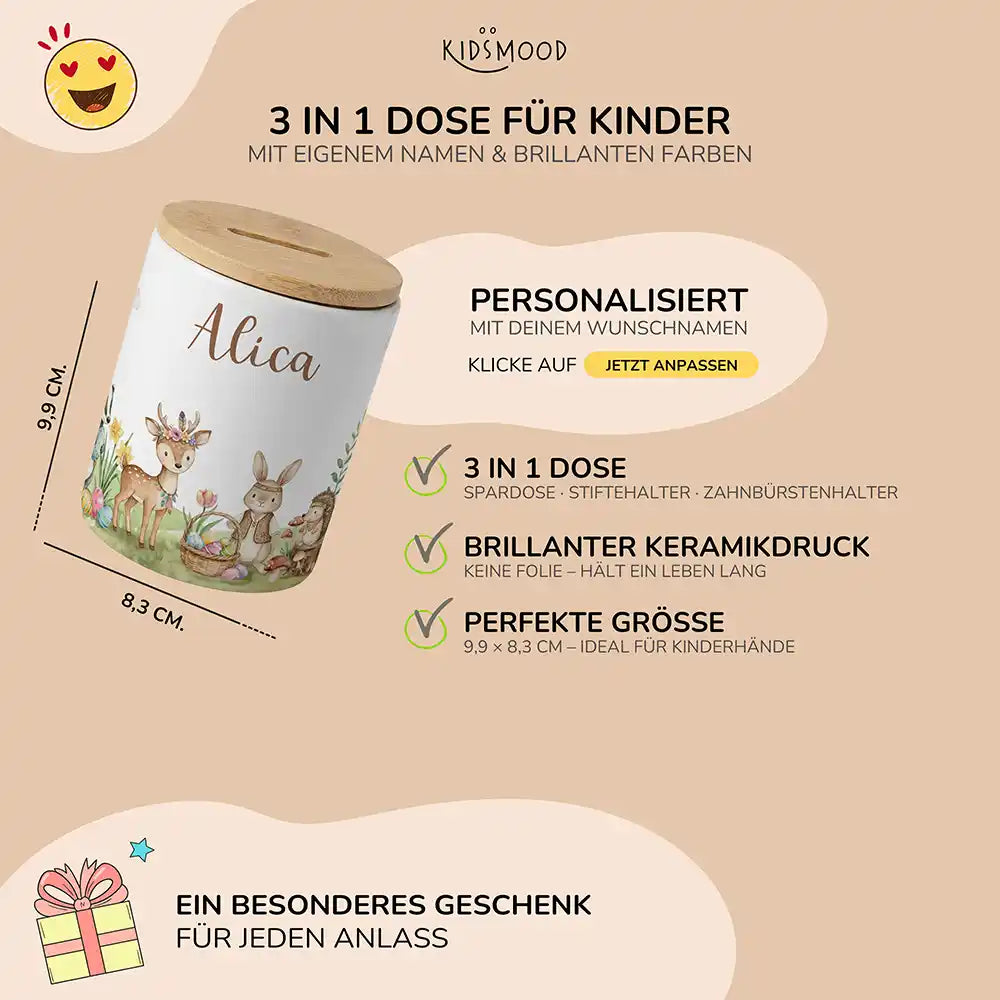 Personalisierte Spardose Ostern Waldtiere-Treff – Keramik & Bambus mit Wunschname