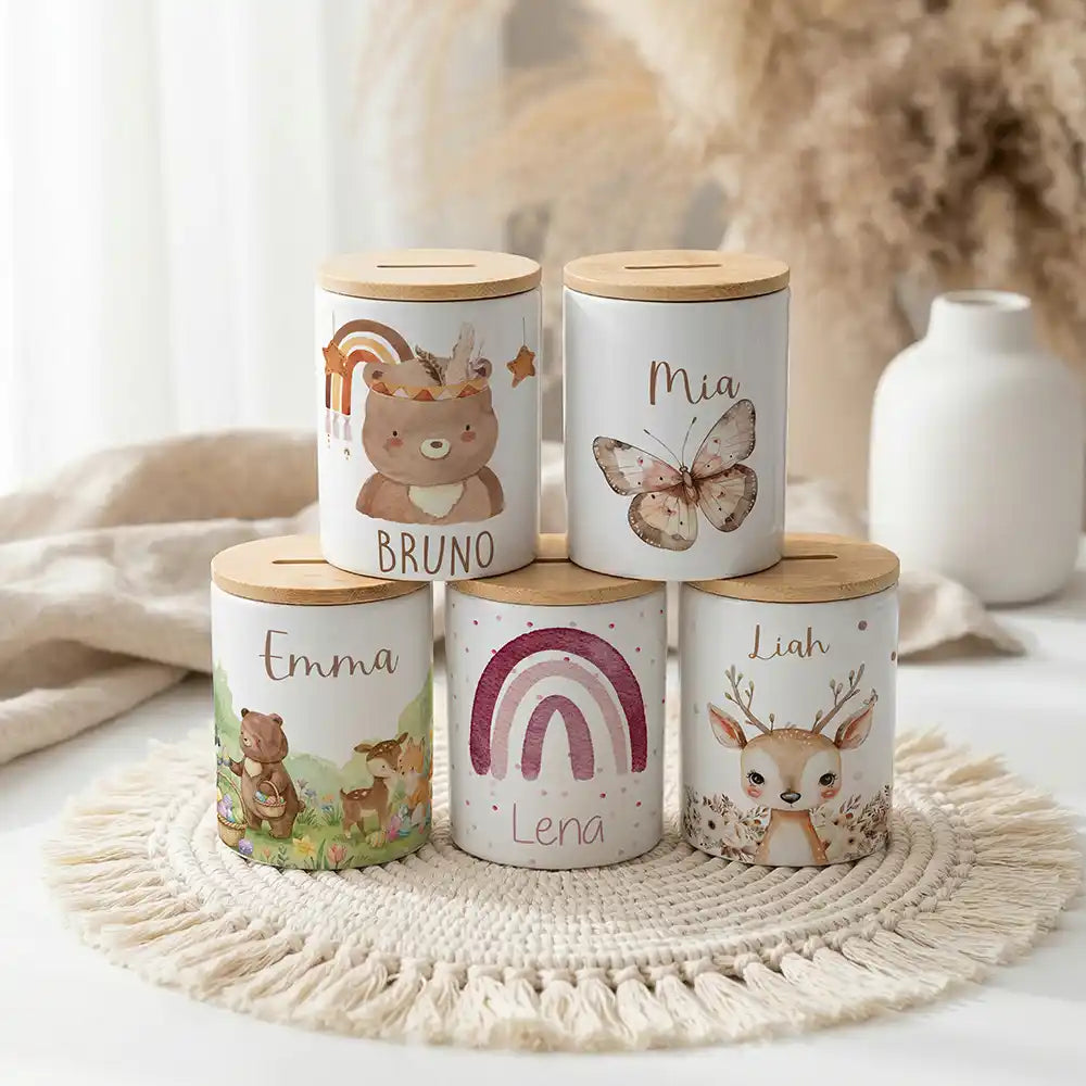 Personalisierte Spardose Boho-BĂ€r â Keramik & Bambus mit Wunschname