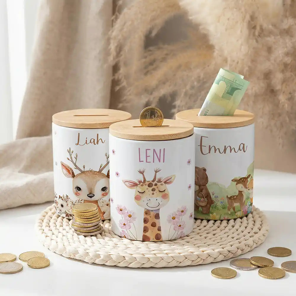 Personalisierte Spardose Giraffe Blumen – Keramik & Bambus mit Wunschname