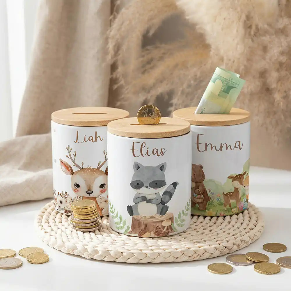 Personalisierte Spardose WaschbĂ€r Wald â Keramik & Bambus mit Wunschname