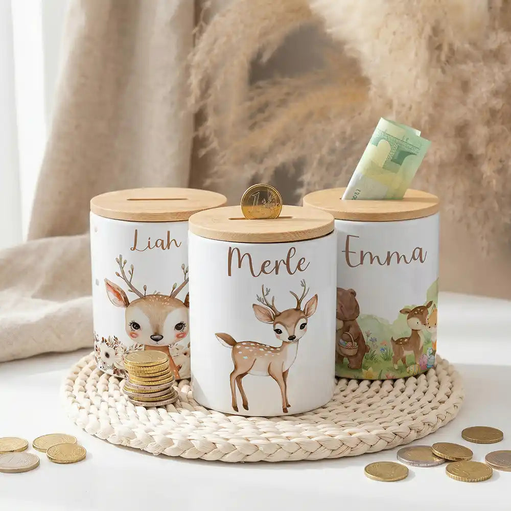 Personalisierte Spardose Rehkitz Bambi – Keramik & Bambus mit Wunschname