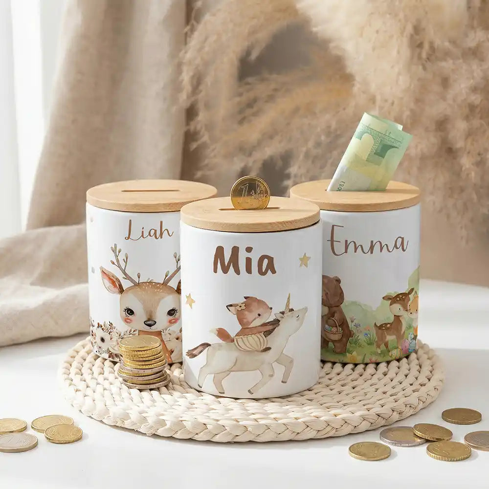 Personalisierte Spardose Fuchs & Einhorn – Keramik & Bambus mit Wunschname