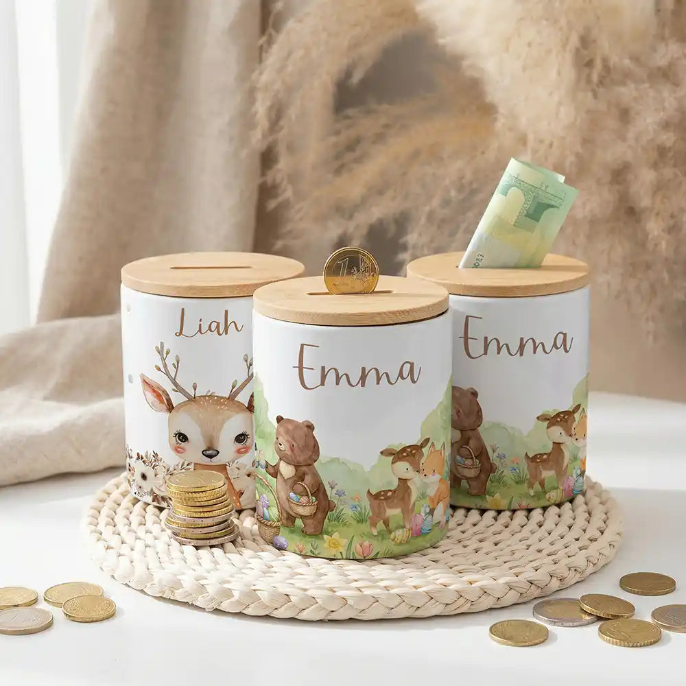 Personalisierte Spardose Ostern BĂ€renfamilie â Keramik & Bambus mit Wunschname