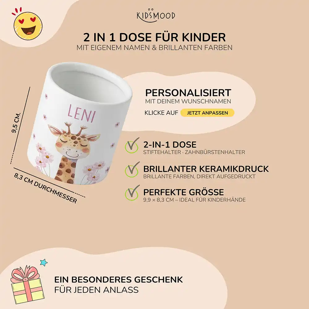 Personalisierter Stiftehalter Giraffe Blumen - liebevolle Geschenkidee fĂŒrs Kinderzimmer