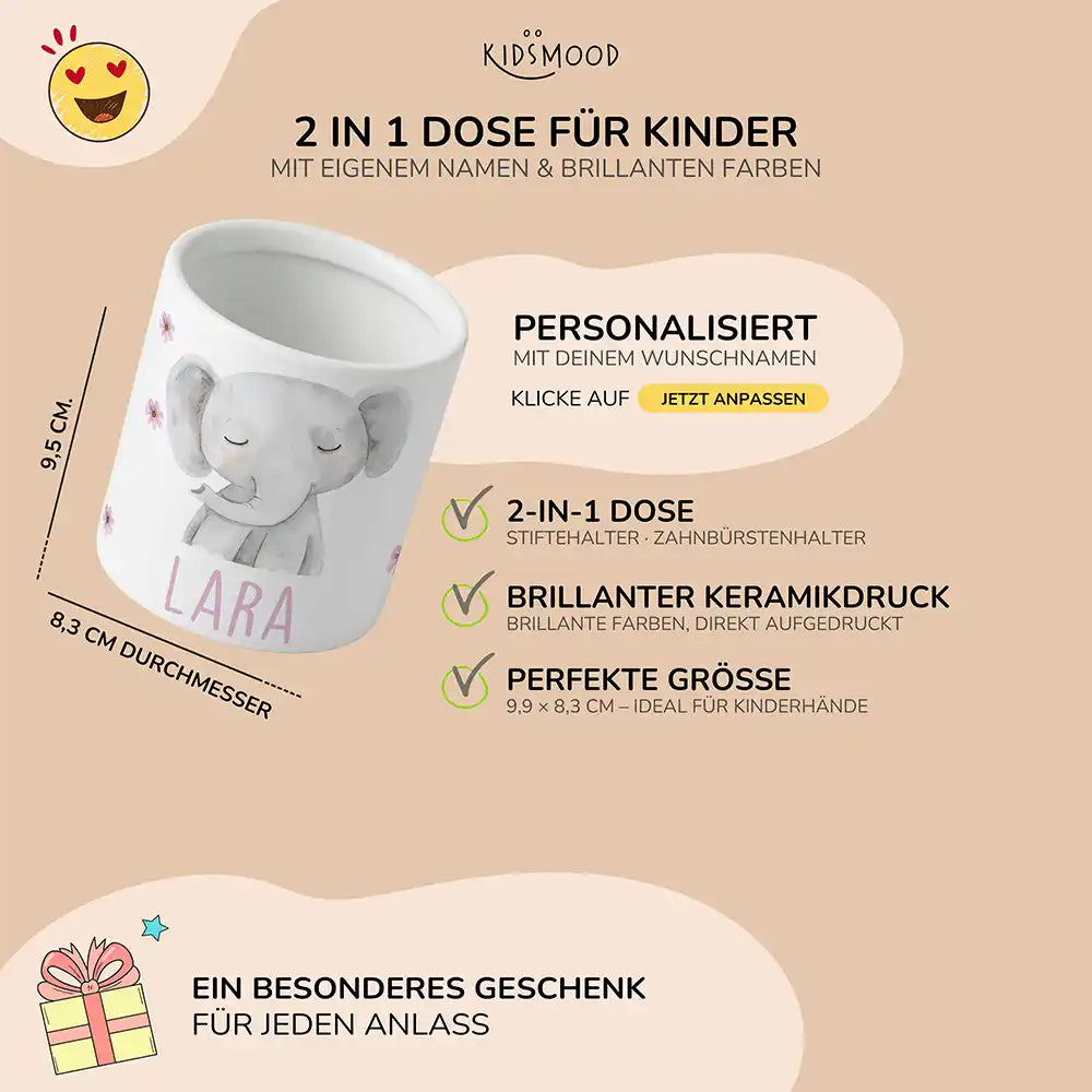 Personalisierter Stiftehalter Elefant Blumen - liebevolle Geschenkidee fĂŒrs Kinderzimmer