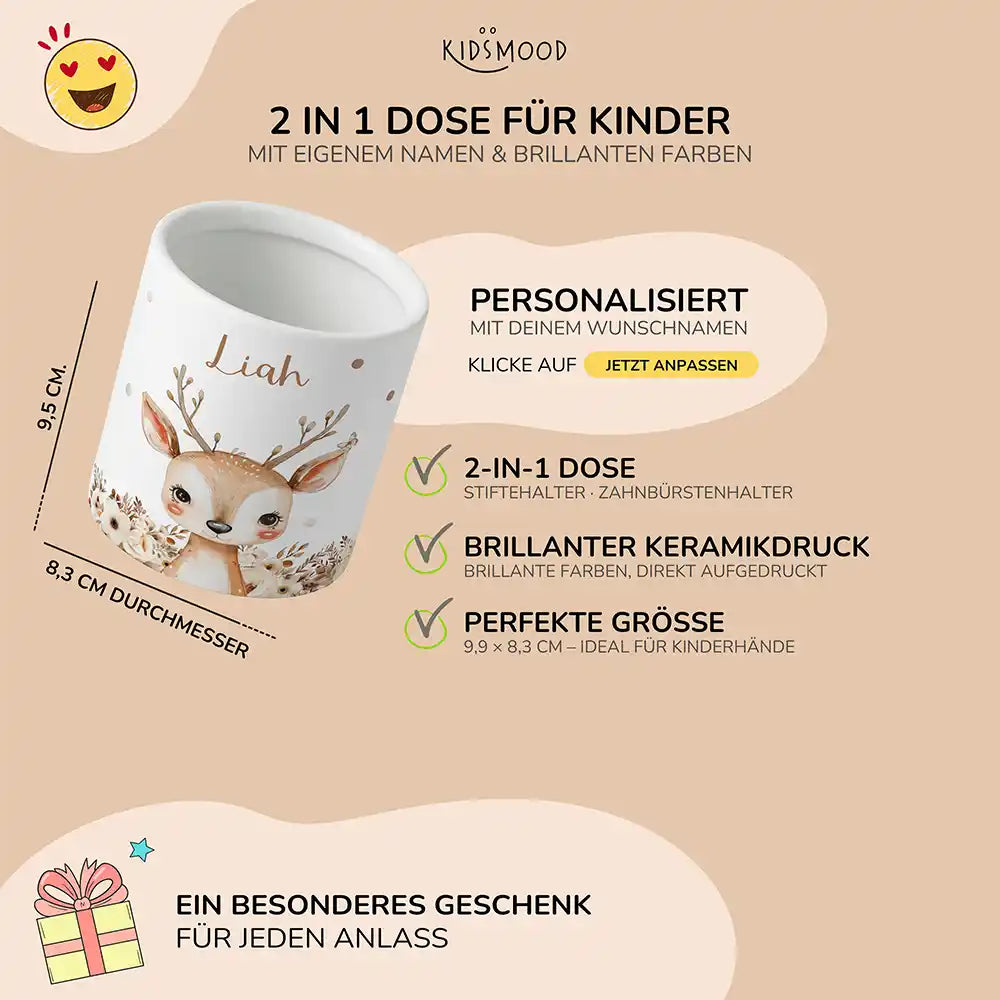 Personalisierter Stiftehalter Rehkitz Zweige - liebevolle Geschenkidee fĂŒrs Kinderzimmer