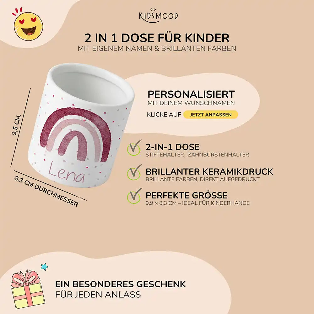 Personalisierter Stiftehalter Regenbogen Rosa - liebevolle Geschenkidee fürs Kinderzimmer