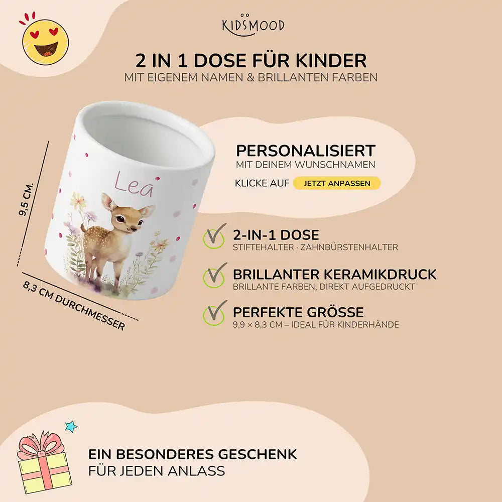 Personalisierter Stiftehalter Rehkitz Blumenwiese - liebevolle Geschenkidee fürs Kinderzimmer