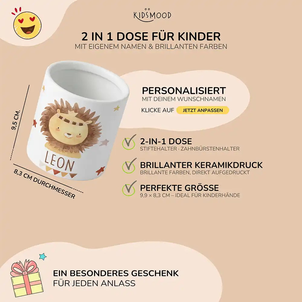 Personalisierter Stiftehalter Löwe Boho - liebevolle Geschenkidee fĂŒrs Kinderzimmer
