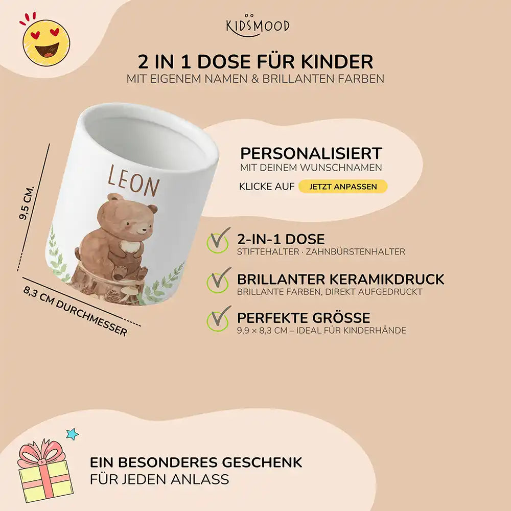 Personalisierter Stiftehalter BĂ€r Wald - liebevolle Geschenkidee fĂŒrs Kinderzimmer