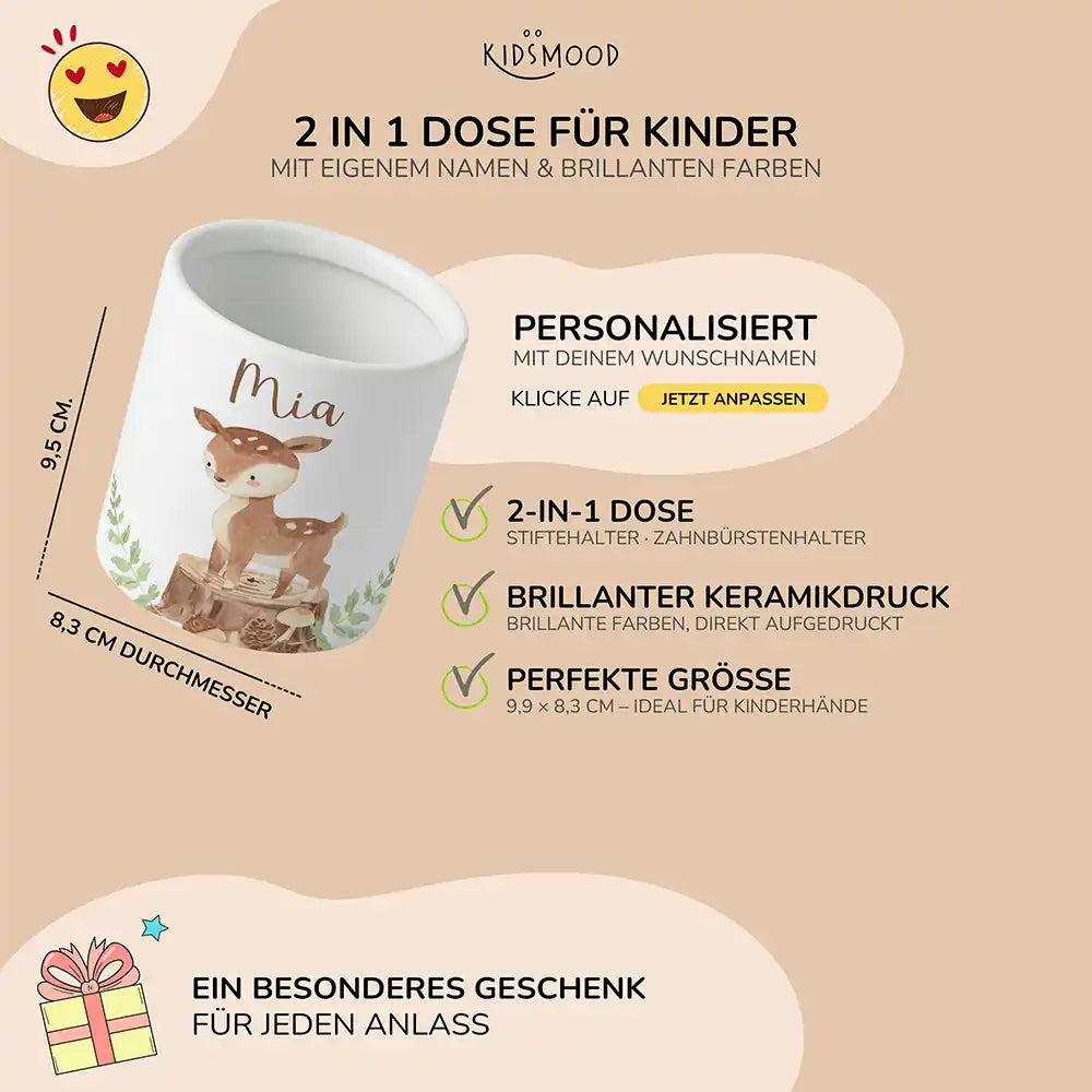 Personalisierter Stiftehalter Rehkitz Wald - liebevolle Geschenkidee fürs Kinderzimmer