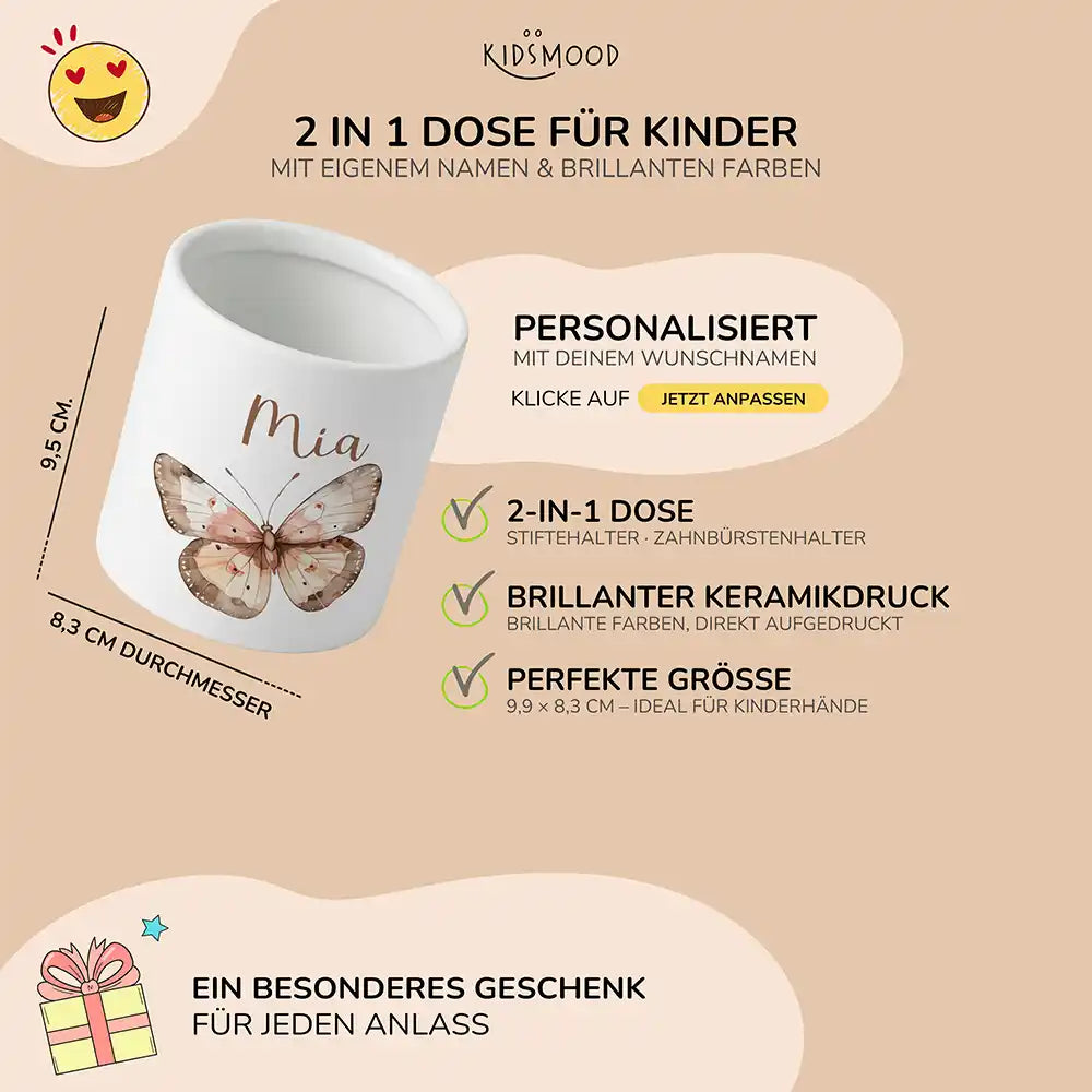Personalisierter Stiftehalter Schmetterling - liebevolle Geschenkidee fürs Kinderzimmer