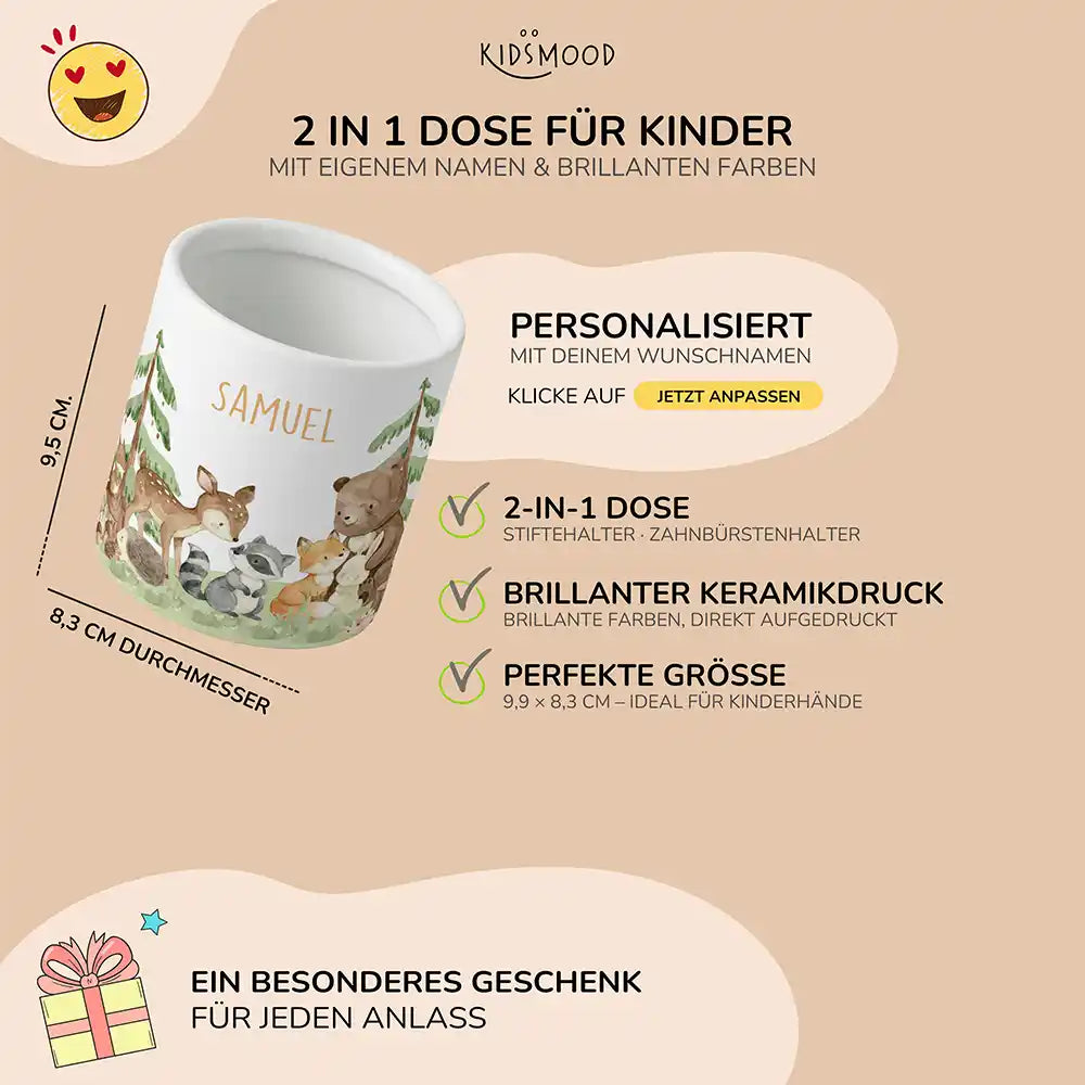 Personalisierter Stiftehalter Waldfreunde III - liebevolle Geschenkidee fürs Kinderzimmer
