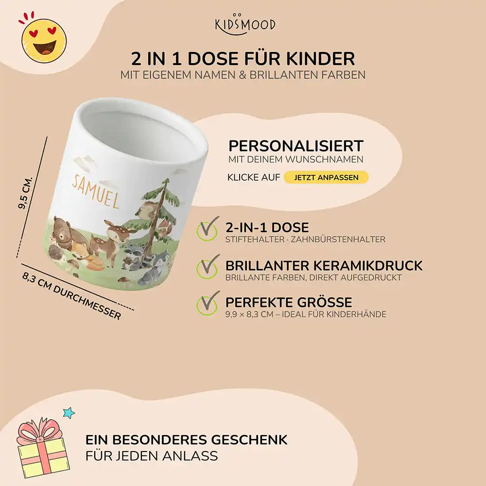 Personalisierter Stiftehalter Waldszene V - liebevolle Geschenkidee fĂŒrs Kinderzimmer