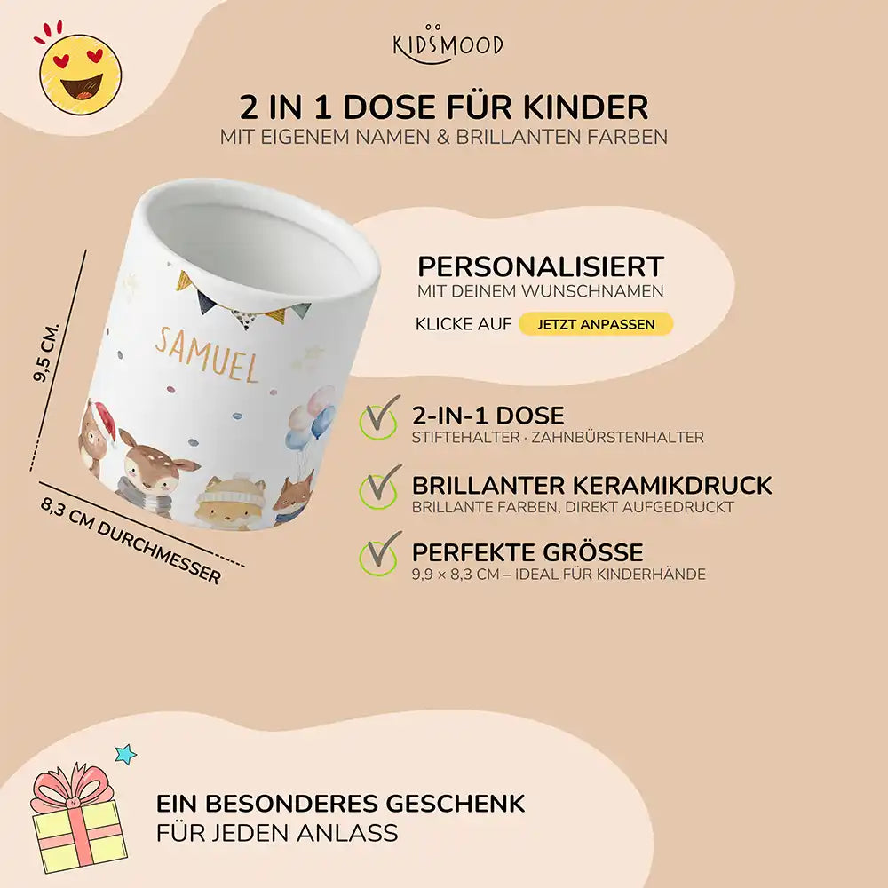 Personalisierter Stiftehalter Waldtiere Geburtstag - liebevolle Geschenkidee fürs Kinderzimmer
