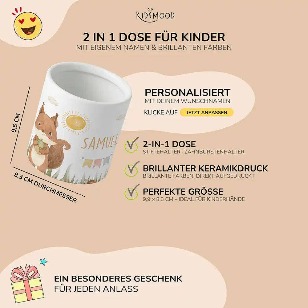 Personalisierter Stiftehalter Eichhörnchen Sommer - liebevolle Geschenkidee fürs Kinderzimmer
