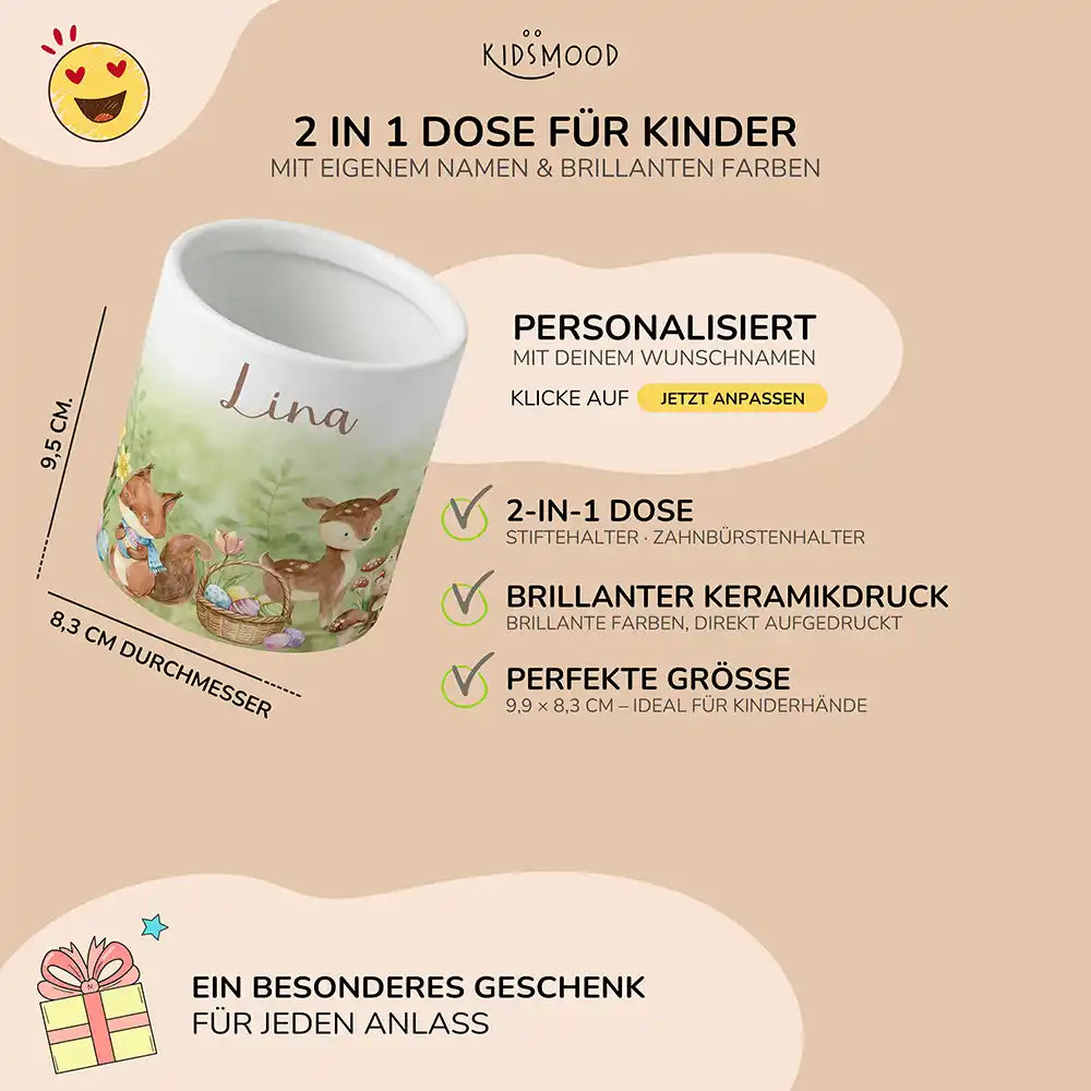 Personalisierter Stiftehalter Ostern Reh & Fuchs - liebevolle Geschenkidee fürs Kinderzimmer