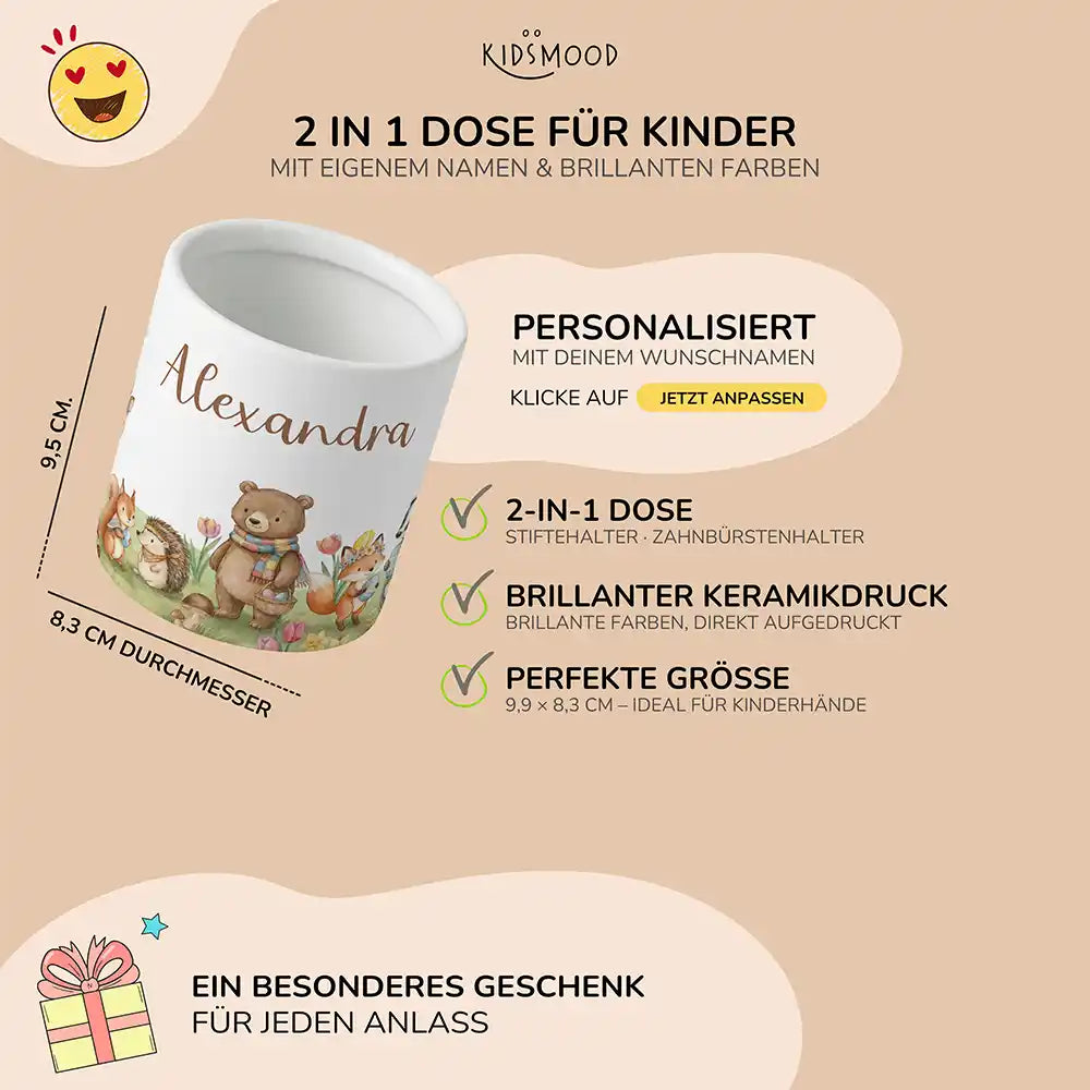 Personalisierter Stiftehalter Herbst-Waldtiere - liebevolle Geschenkidee fĂŒrs Kinderzimmer