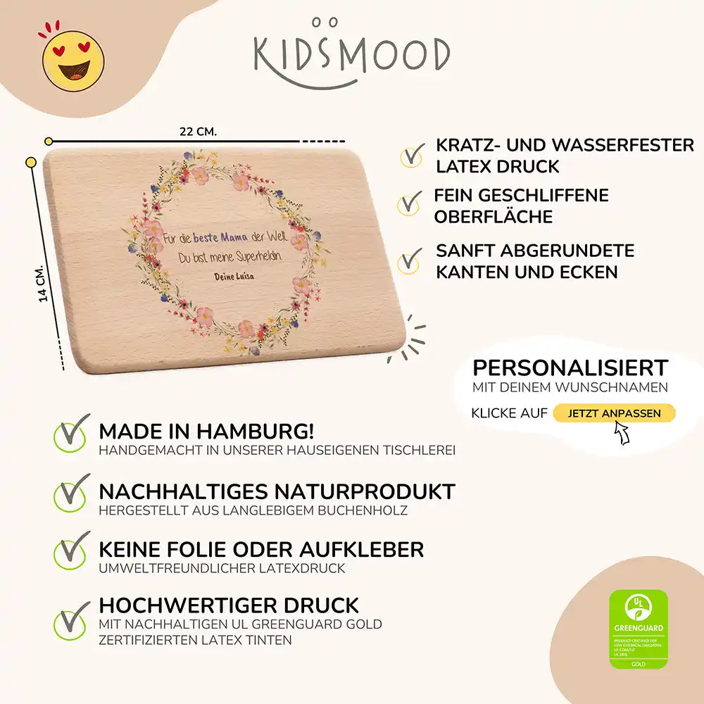 Personalisiertes Frühstücksbrettchen Muttertag Wildblumenkranz Beste Mama – Produktdetails 22×14 cm Buchenholz