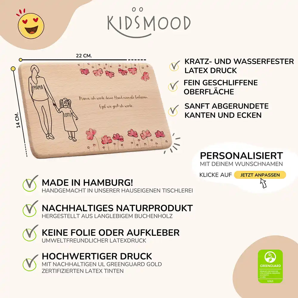 Personalisiertes Frühstücksbrettchen Muttertag Mama & Tochter Mohnblumen – Produktdetails 22×14 cm Buchenholz