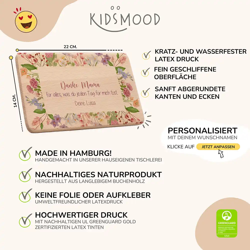 Personalisiertes Frühstücksbrettchen Muttertag Danke Mama Blütenrahmen – Produktdetails 22×14 cm Buchenholz