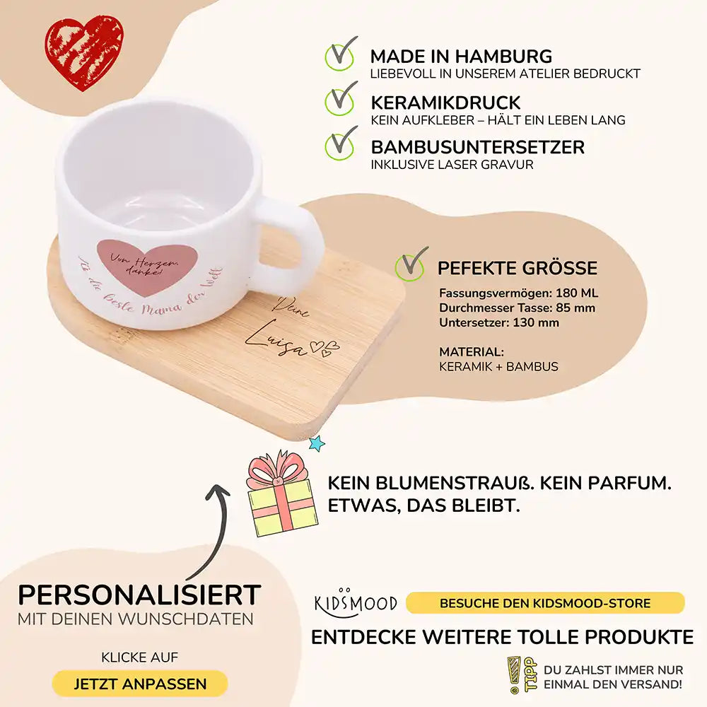 Tasse mit Name Muttertag Von Herzen danke â Rosa Herz â Produktdetails Keramikbecher 180 ml