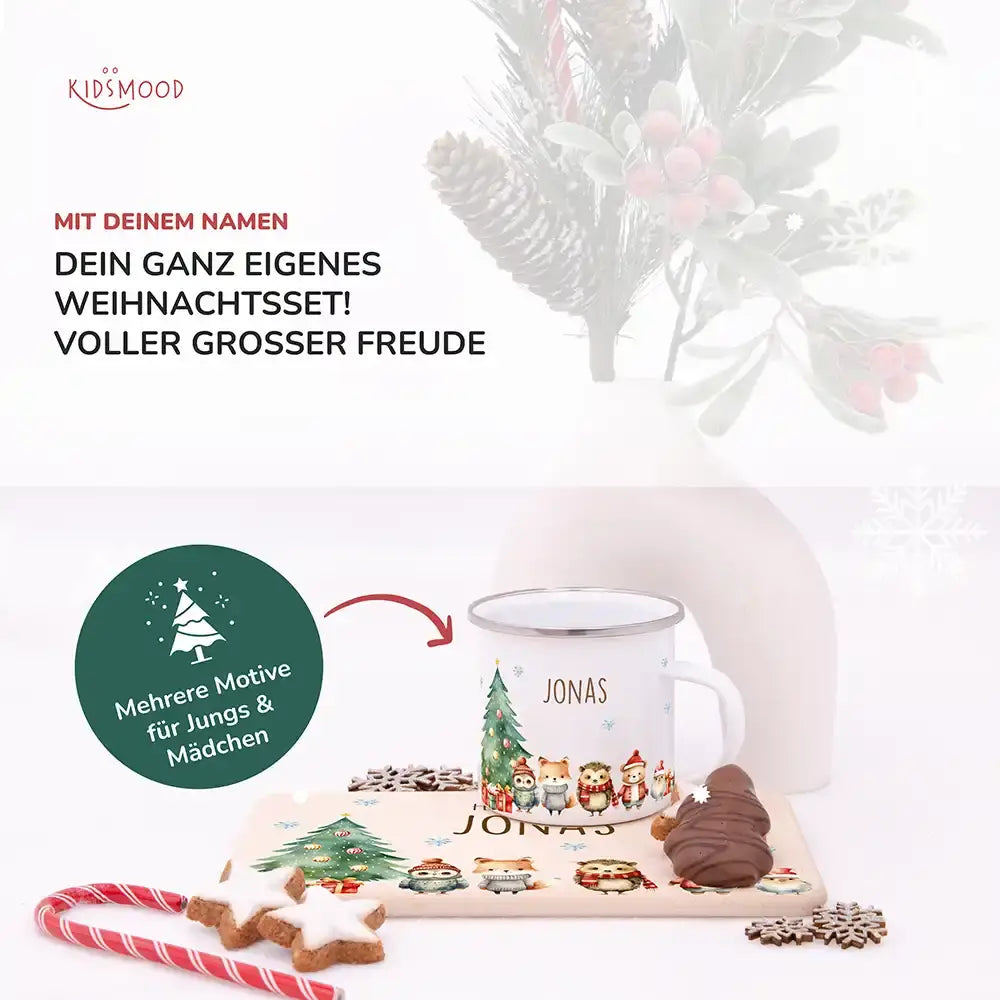 Weihnachts-Set Frühstücksbrettchen und Emaille Tasse - Fuchs & Häschen-Freunde