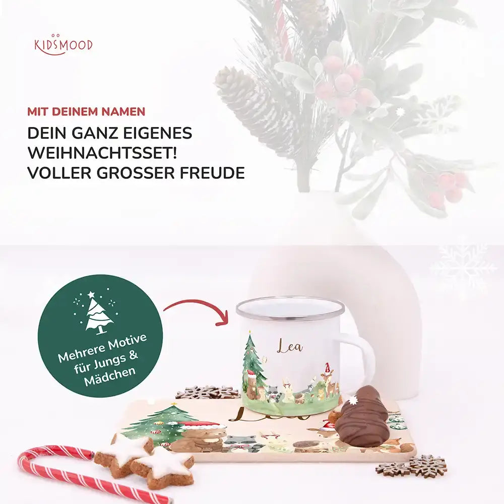 Weihnachts-Set Frühstücksbrettchen + Emaille Tasse - niedliche Waldtiere