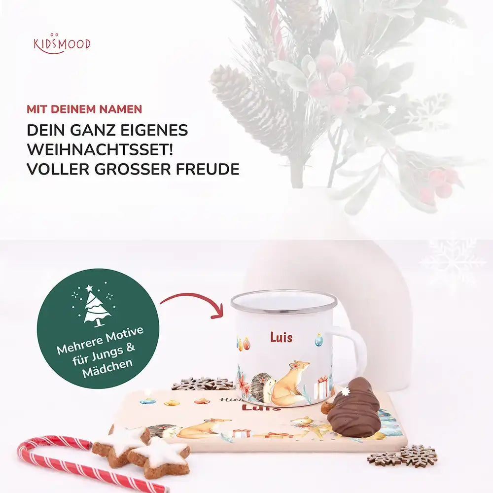 Weihnachts-Set Frühstücksbrettchen und Emaille Tasse - Fuchs im Wald