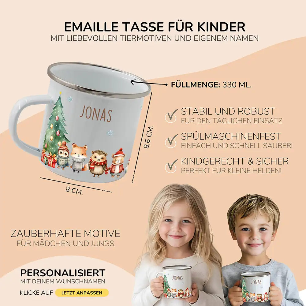 Weihnachts-Set Frühstücksbrettchen und Emaille Tasse - Fuchs & Häschen-Freunde