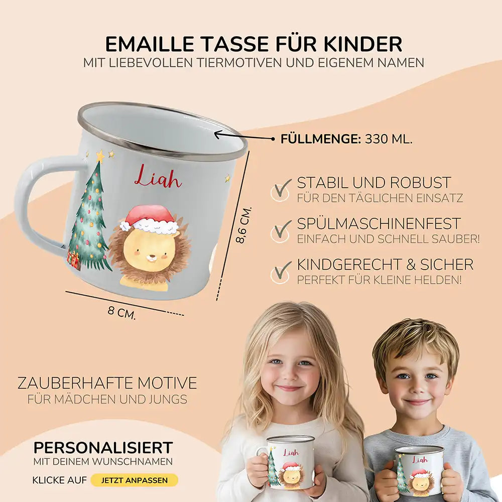 Weihnachts-Set Frühstücksbrettchen + Emaille Tasse - Löwe