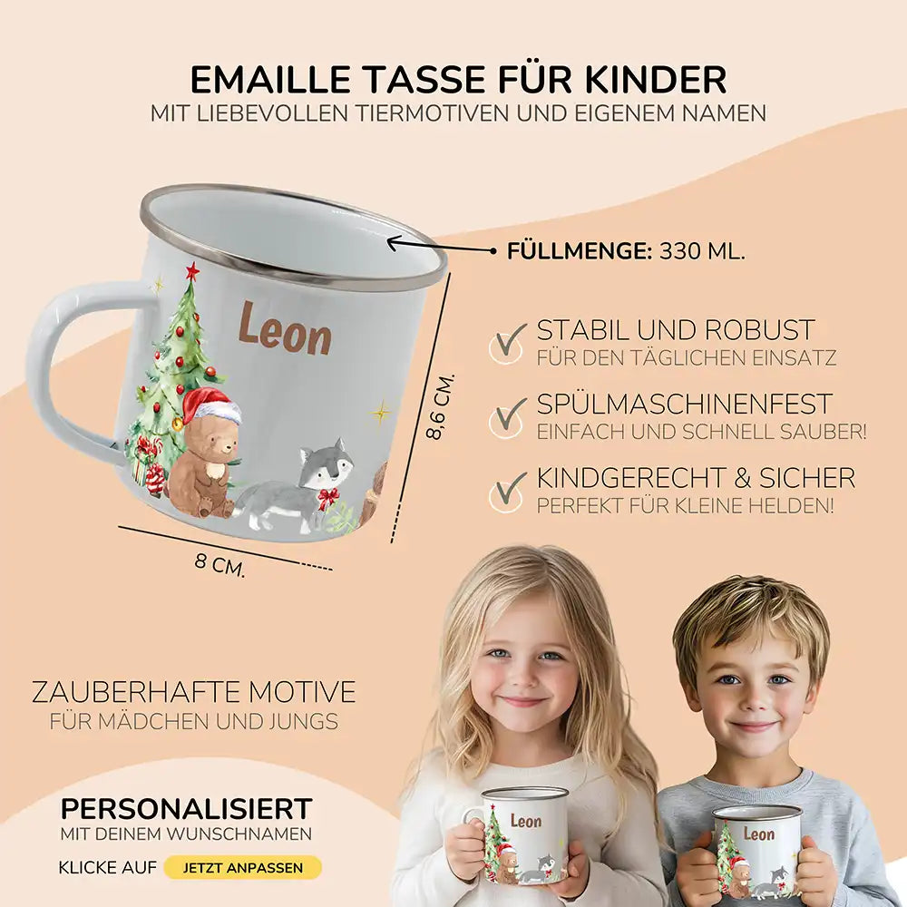 Weihnachts-Set Frühstücksbrettchen und Emaille Tasse - Niedliche Waldtiere