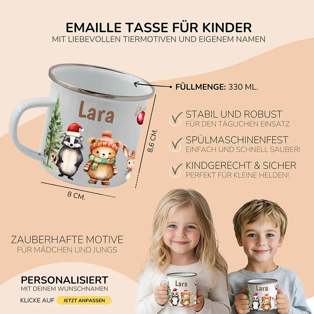 Weihnachts-Set Frühstücksbrettchen und Emaille Tasse - Niedliche Waldfreunde