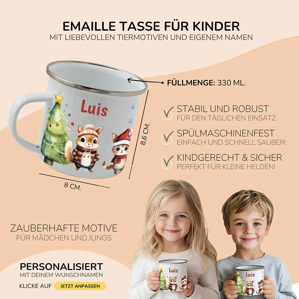 Weihnachts-Set Frühstücksbrettchen und Emaille Tasse - Schneeflocken-Bande