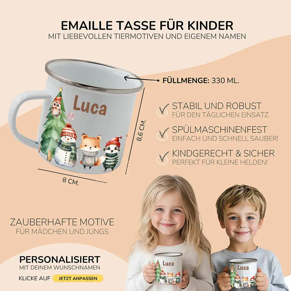 Weihnachts-Set Frühstücksbrettchen und Emaille Tasse - Kuscheltier-Abenteuer