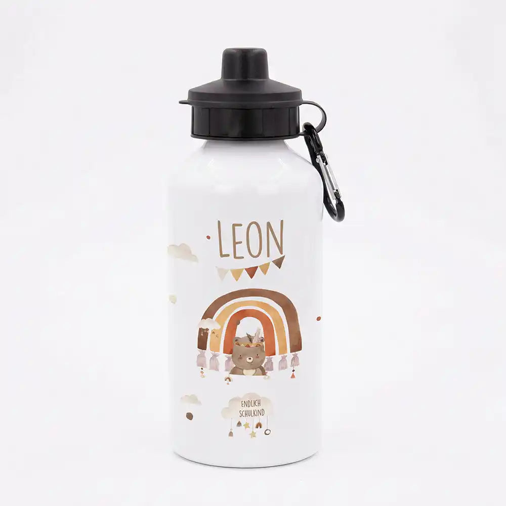 Personalisierte Trinkflasche Kinder BĂ€r Regenbogen Schulkind â Geschenk zur Einschulung