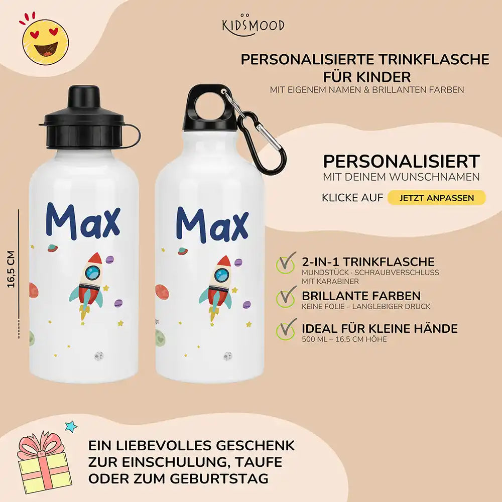 Personalisierte Trinkflasche Kinder Rakete Weltall – Karabiner für Schule & Sport