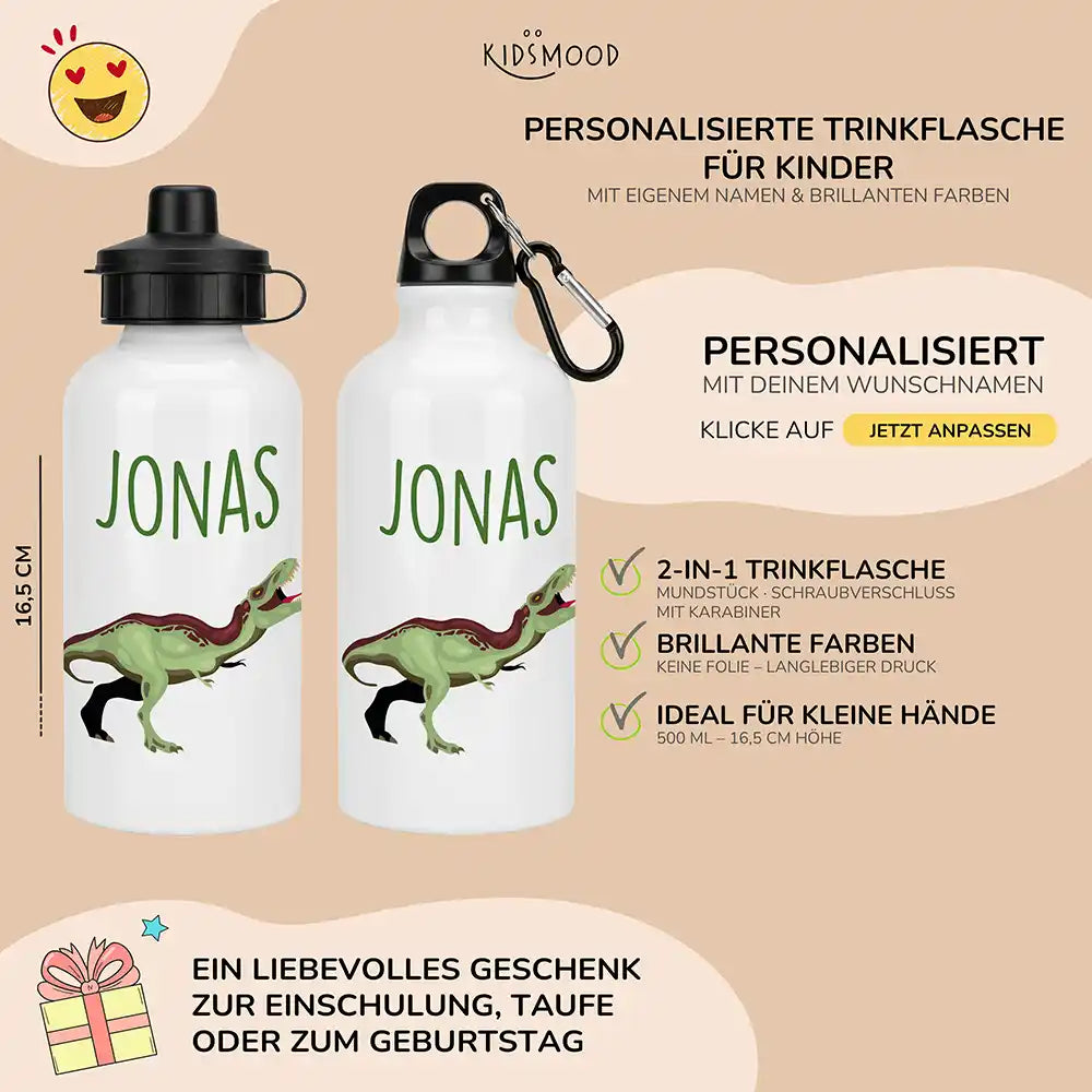 Personalisierte Trinkflasche Kinder Dino T-Rex – Karabiner für Schule & Sport