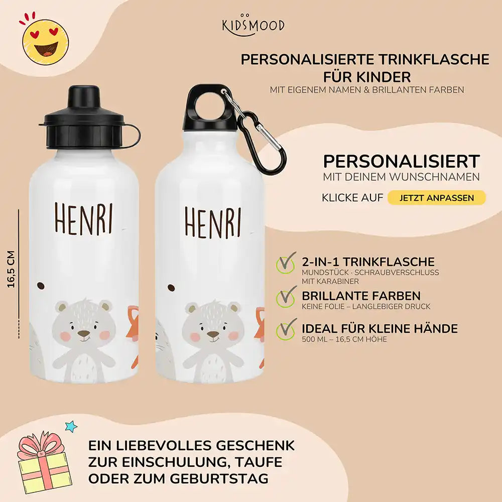 Personalisierte Trinkflasche Kinder BĂ€r & Fuchs â beide VerschlĂŒsse mit Karabiner