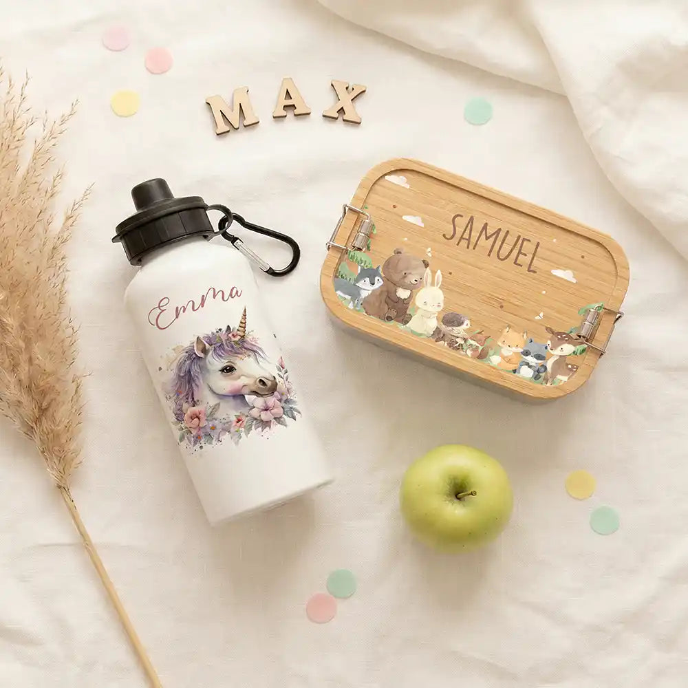 Personalisierte Trinkflasche Kinder Einhorn Blumenkranz – mit Karabiner personalisiert